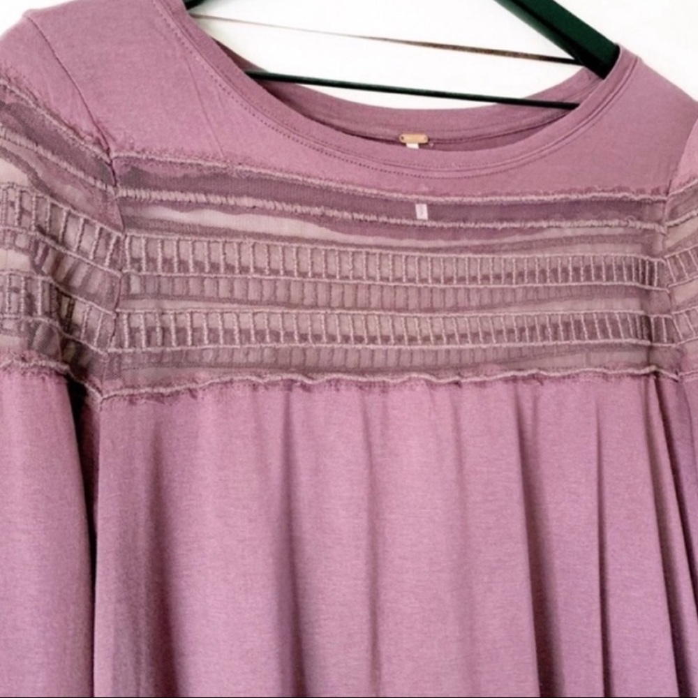 ☮️👚 FREE PEOPLE Low Hi side slits sheer mesh InSet neck Long Sleeve Top NWOT - Picture 3 of 9